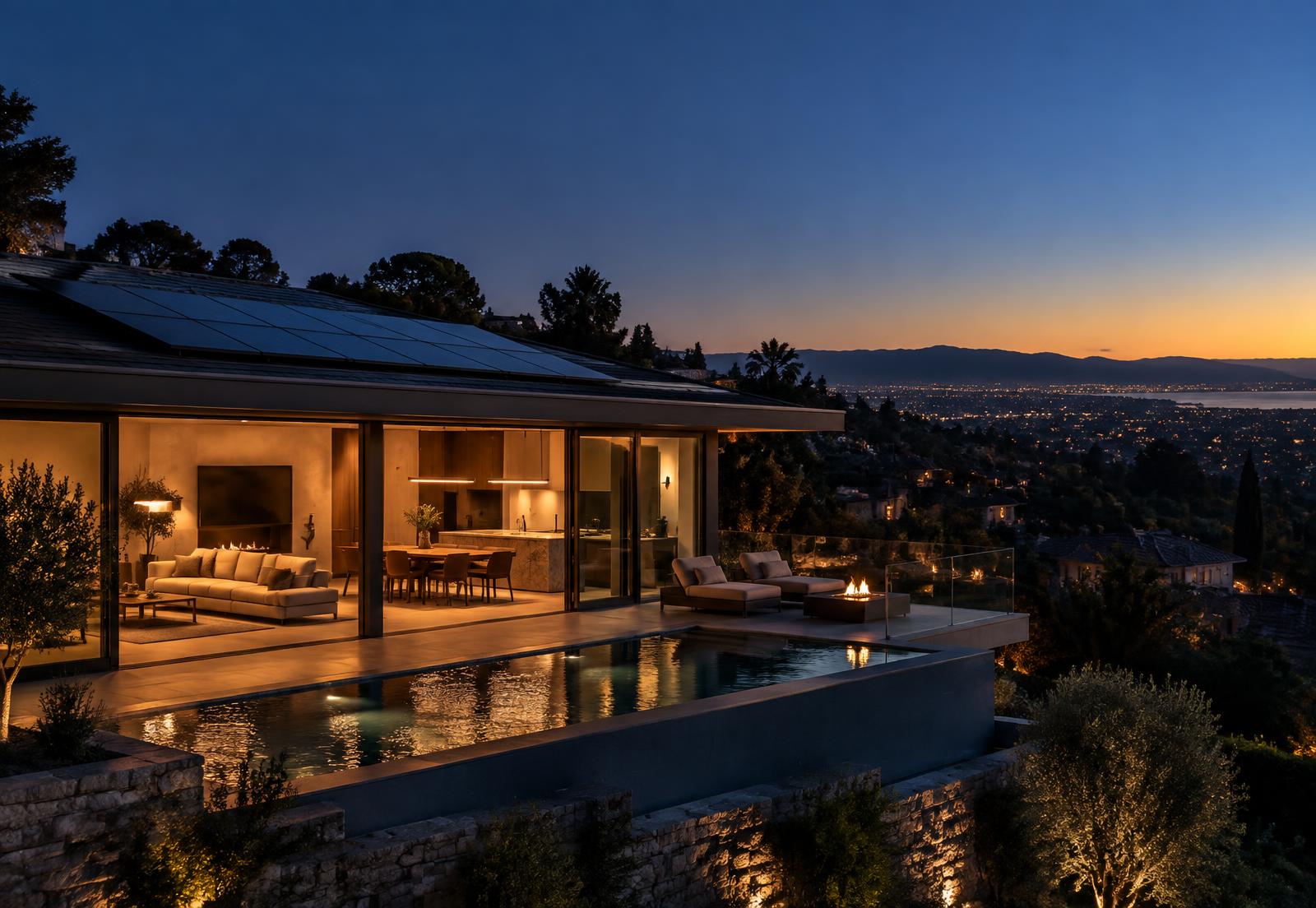 Modern hillside home with rooftop solar and interior lights on at dusk while surrounding homes are dark