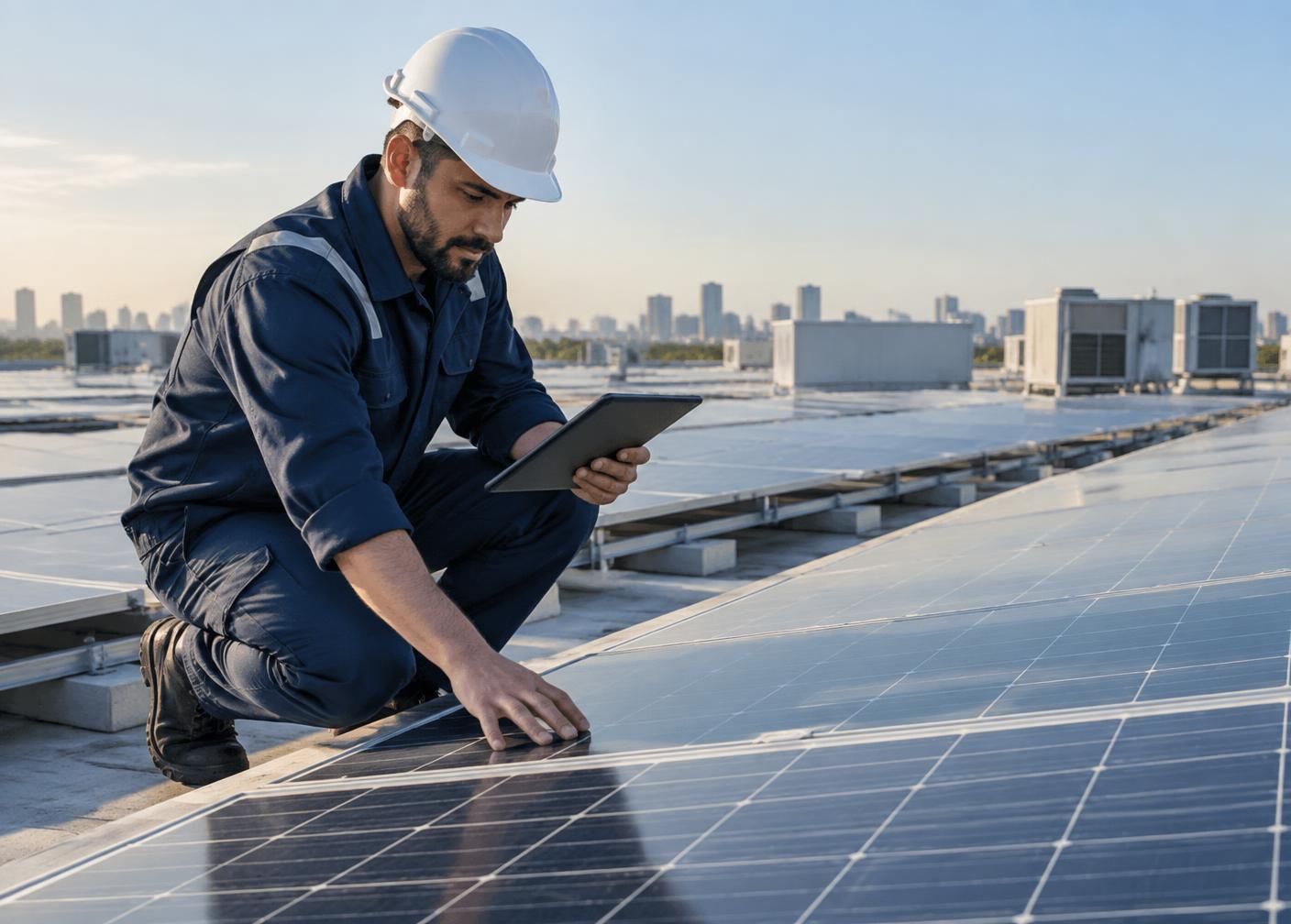 Technician inspecting a commercial rooftop solar array with a tablet